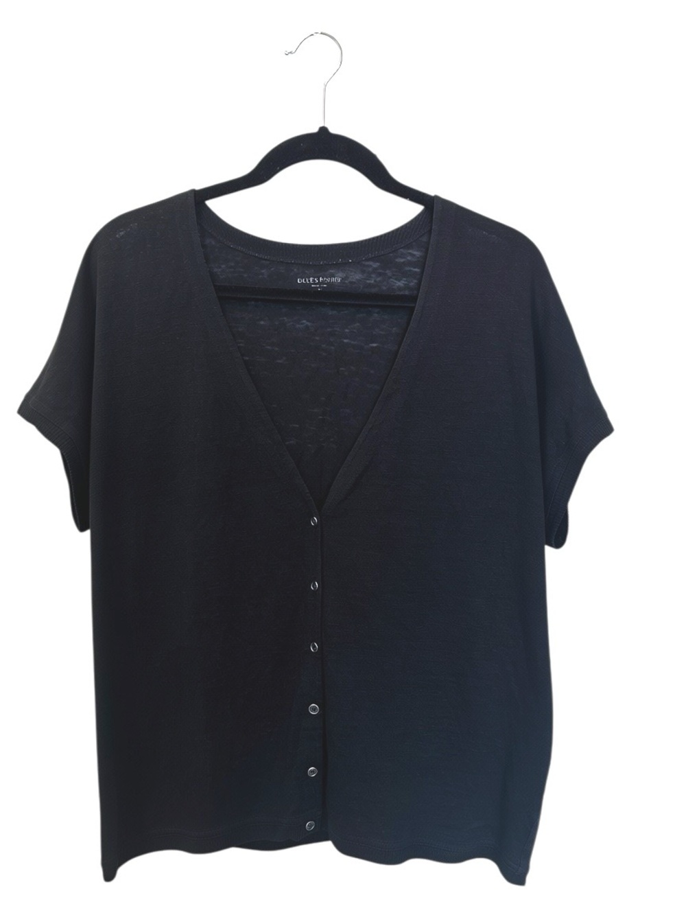 Eileen Fisher 100% Linen Knit Short Sleeve Button-Front V-Neck Top Black SZ M